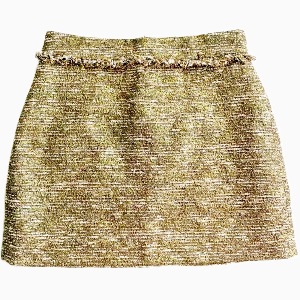 Zara Gold Foil Metallic Tweed Mini Skirt Fringe Waist & Rear Zip Closure Small